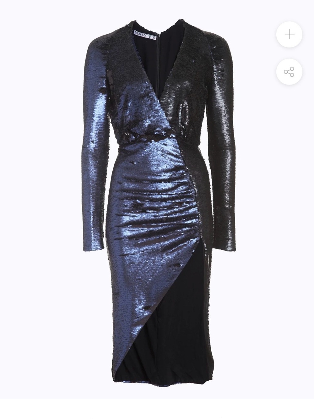 Sequin Wrap Long-Sleeve Midi Dress in Black